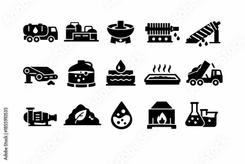 Industrial processes icons: manufacturing, filtration, transport, heating, mixing