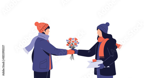 Young couple dressed in warm winter clothes exchanging a beautiful bouquet of heart-shaped flowers on a romantic winter date.