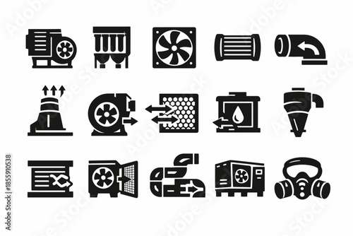 Black and white industrial icons set – hvac, ventilation, filtration, exhaust systems