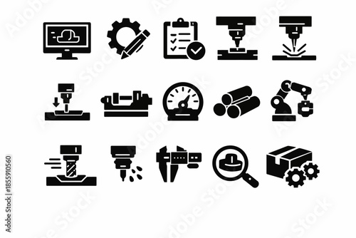 Industrial manufacturing icons: machinery, tools, automation, quality control, engineering