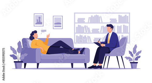 Woman lying on a couch and talking to a male psychologist during a therapy session for mental health support and counseling.