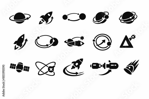 Space exploration icons: rockets, planets, satellites, comets, journey symbols