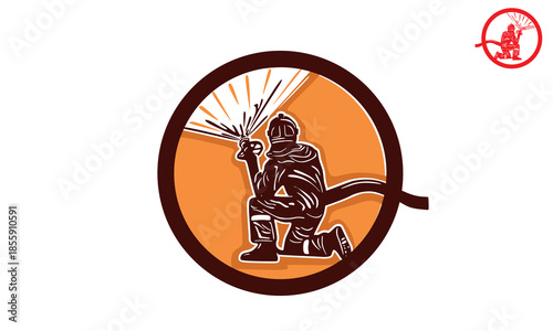 great fire fighter in circle logo, silhouette of best image for fire rescue vector illustrations