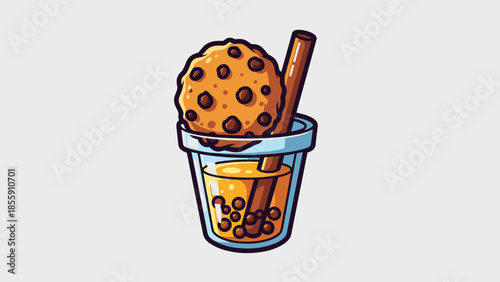Cartoon Boba Tea with Cookie Topping and Cinnamon Stick.