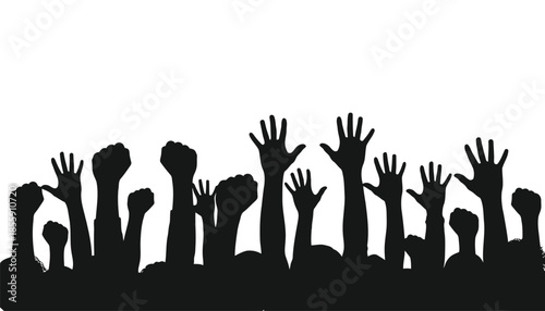 Silhouette of multiple hands raised in the air black against a white background symbolizing unity protest or celebration