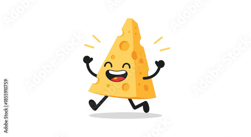 Joyful and energetic cartoon cheese wedge character running with excitement and celebrating with a big happy smile on its face.