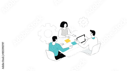Flat illustration featuring professionals exchanging ideas in a meeting with gear icons representing teamwork and collaboration