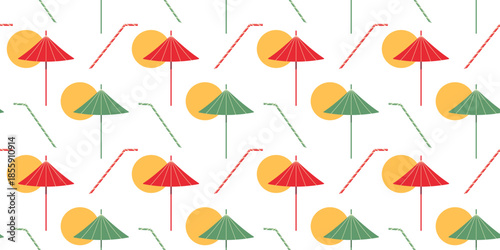 Drinks straw and Cocktails umbrellas Seamless Pattern Vacation Relax Summer Background Banner Format. Isolated Vector illustration Summer or Vacation Thematic Cards Bar Cafe, leaflets, media post, tag