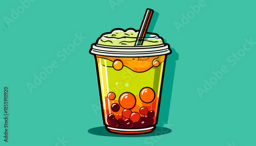 Colorful Bubble Tea Illustration with Tapioca Pearls and Straw.