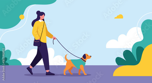 Young woman enjoying a relaxing walk with her dog on a leash in a park with a colorful abstract background of nature elements.