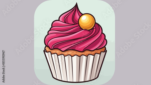 Delicious cupcake with pink frosting and golden candy topping.