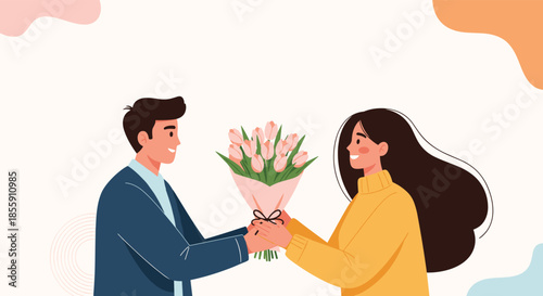 Romantic illustration of a smiling man giving a beautiful bouquet of pink tulips to a happy woman on a special occasion.