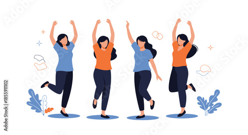 Group of four happy and energetic young women in casual clothes jumping and celebrating together with joy and excitement vector.