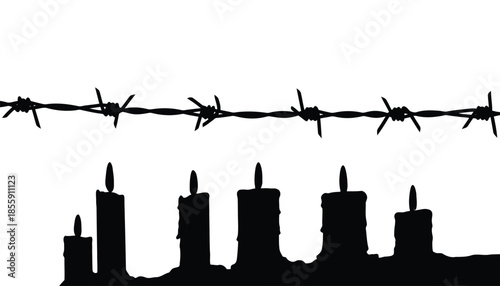 Barbed wire silhouette of city skyline with candles