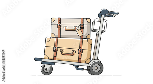 Airport luggage cart with two stacked vintage-style suitcases with straps and a tag ready for a journey or vacation trip.