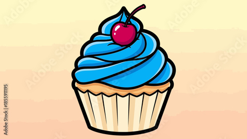 Delicious Blue Cupcake with Cherry Topping Illustration.
