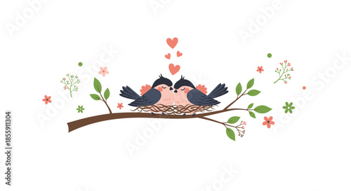 Two cute birds in love cuddling in a cozy nest on a tree branch with floating hearts and delicate flowers all around them.