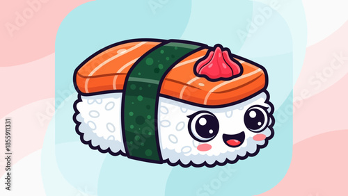Cute Sushi Cartoon Character with Salmon and Wasabi Topping.