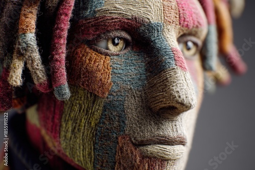 Patchwork-textured face, close-up view with vivid multicolored stitching and intricate detailing. Yarn-like texture covers skin, and artistic expression emphasizes creativity and craftsmanship
