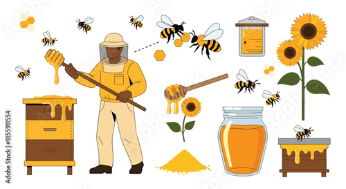Beekeeping and honey production set with a Black male apiarist bees beehives sunflowers and a jar of delicious natural honey.