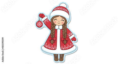 Cute cartoon girl character dressed in a traditional red snow maiden costume holding a christmas ball ornament with a happy smile.