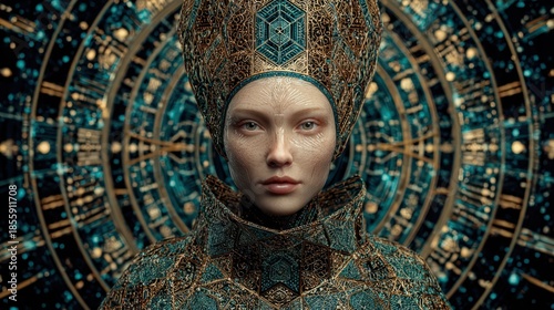 An intricate portrait of a female figure wearing ornate, symmetrical headgear and attire, covered in geometric patterns and textures. The background features circular abstract designs