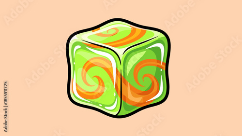 Stylized Green and Orange Swirl Cube Illustration with Black Outline.