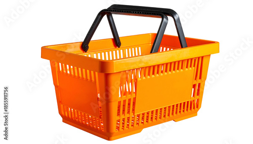 Bright orange plastic shopping basket with black handles against a black backdrop