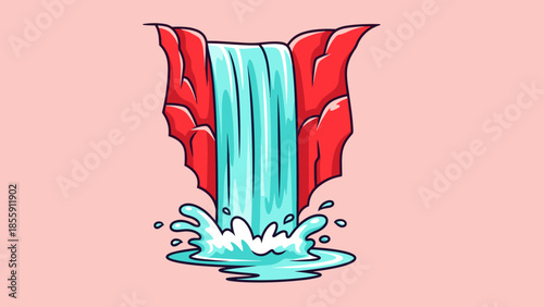 Cartoon Waterfall Cascading Down Red Cliffs with Splashing Water.