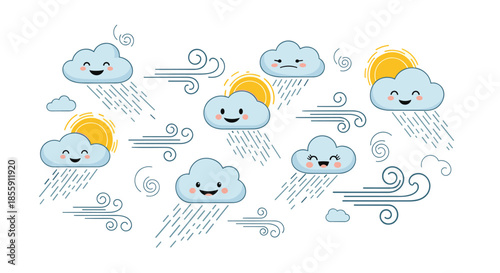 Set of cute kawaii weather icons with smiling clouds sun rain and wind characters for a children's forecast or nursery decor.