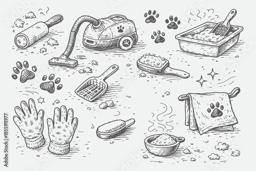 Hand Drawn Pet Care Cleaning Tools Vector in Sketch Style