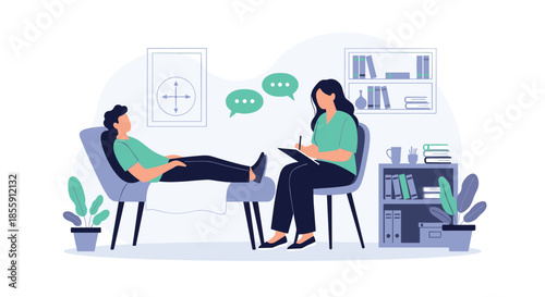 Man having a conversation with a female psychologist during a therapy session to discuss mental health and receive support.