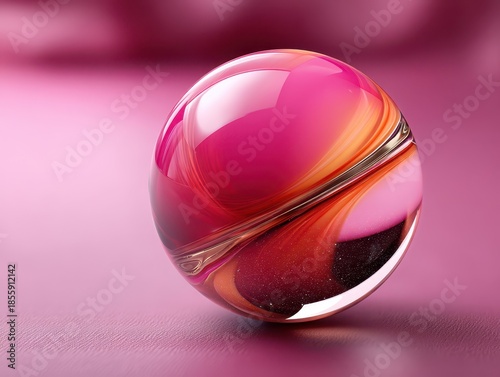 A spherical glass object with vibrant pink and orange swirls reflects light, creating a glossy and smooth appearance. The detailed texture and color gradients make it visually striking
