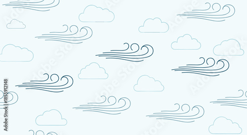 Seamless weather pattern background with minimalist line art illustrations of wind gusts and fluffy clouds on a light blue sky.