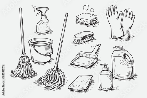 Hand Drawn Household Cleaning Tools Vector Set in Sketch Style