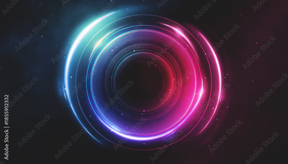 Obraz premium Neon circle with smoke effect. Abstract technology futuristic circles with glowing blue and pink light lines and speed motion blur on a dark blue background.