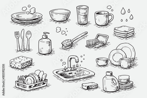 Hand Drawn Dishwashing Icons Set in Loose Sketch Vector Style