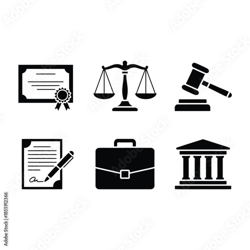 Legal symbols representing justice law and the courtroom are displayed