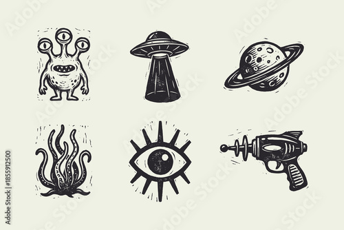 Retro Science Fiction Woodcut Icon Set: Alien, UFO, Ray Gun, and Cosmic Symbols.