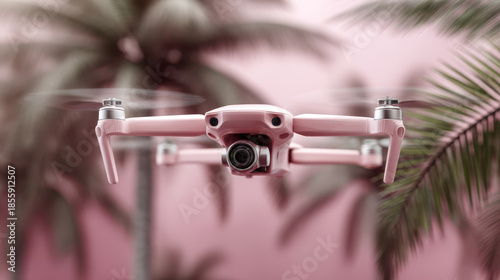 A pink drone with a camera hovers in focus against a blurred background of palm trees. The soft pink hues and sleek design create a modern and futuristic aesthetic