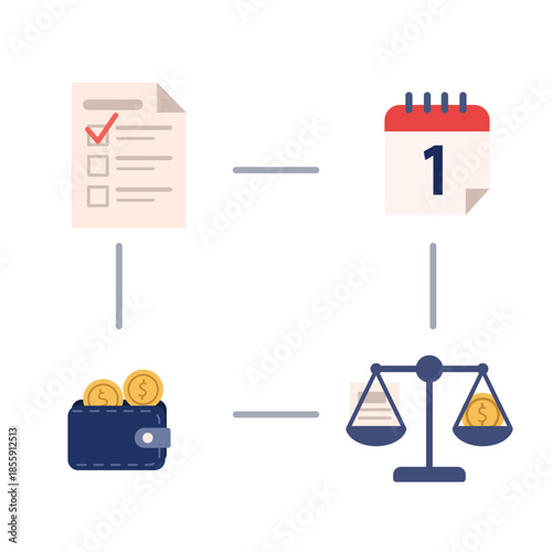 Financial Management and Tax Planning Concept with Document Calendar Wallet and Balance Scale. Accounting Process and Budgeting Illustration. Business Law Vector.