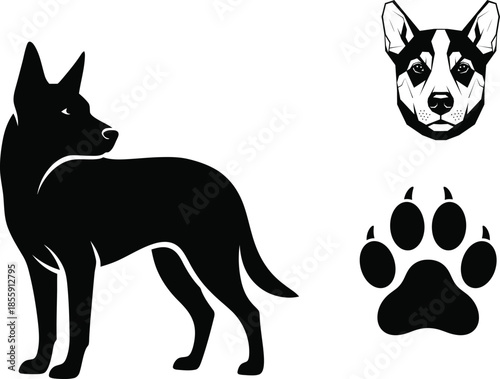 Dog silhouette with paw print and face