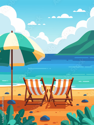 Serene Beach Scene with Beach Umbrella and Chairs, a Vector Illustration of Relaxation by the Ocean