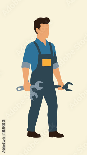 Skilled male mechanic in overalls holding wrenches ready for work