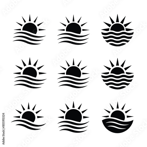 Black and white illustration of stylized suns rising over ocean waves