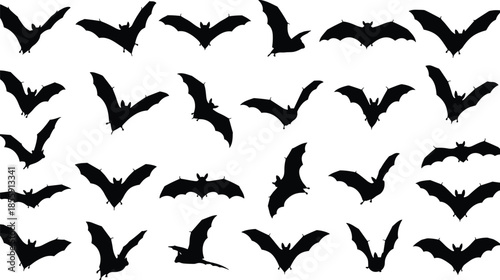 Unique bat silhouette among flying bats in Halloween-themed vector set, perfect for puzzles, visual games, and spooky design concepts