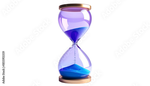 A detailed, stylized rendering of an hourglass with blue sand, against a black background