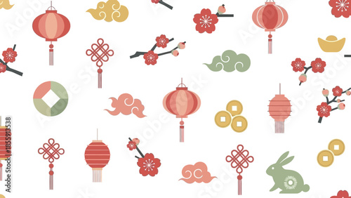 Festive East Asian Cultural Symbols Seamless Pattern for Celebration Background