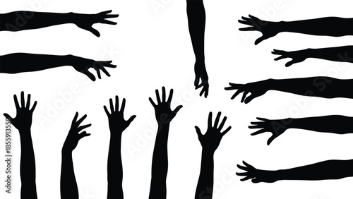 Silhouettes of human arms and hands in various reaching, grasping, and expressive gestures for communication, teamwork, and connection concepts