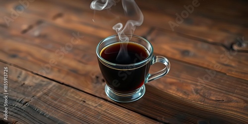 Steaming cup of dark coffee on rustic wooden table, rustic, table